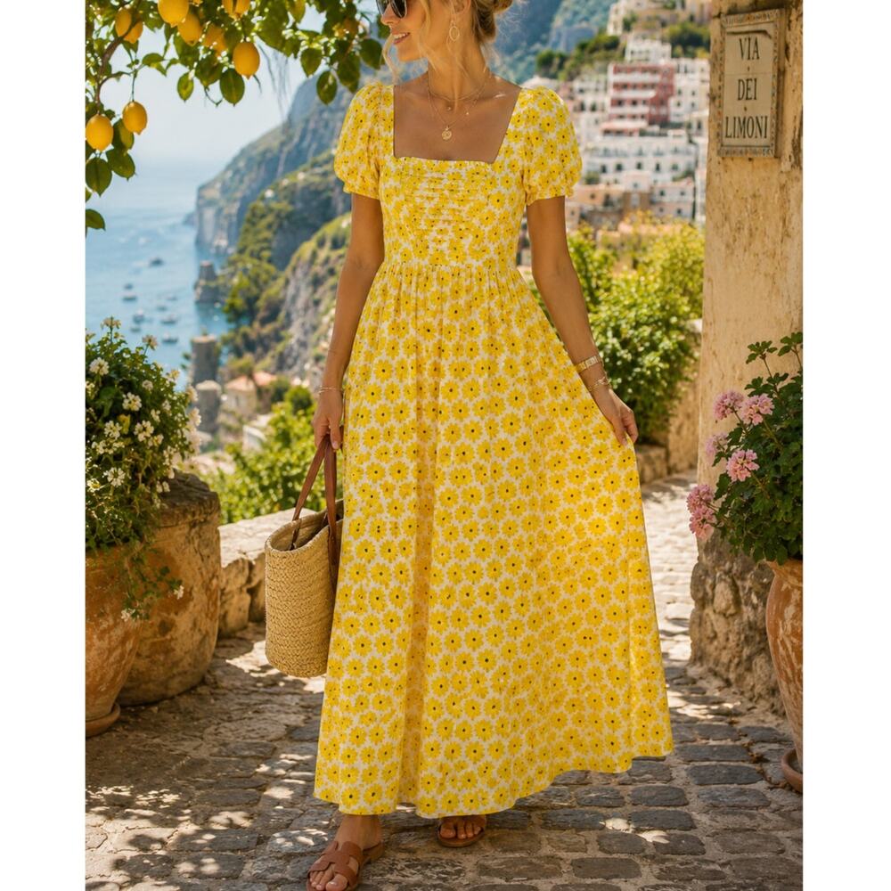 Diane Von Furstenberg Poppy Daisy Dot Yellow Cotton Maxi Dress size 12 floral